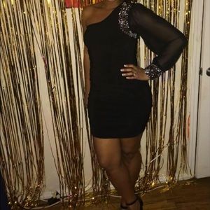Little Black One Shoulder Embellished Sheer Dress